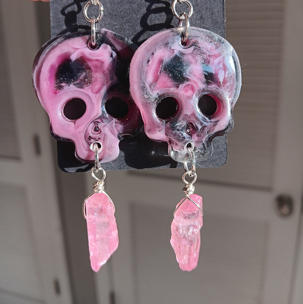 Pink Handmade Skull Earrings With Crystal Accents